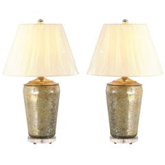 Vintage Pair of Mercury Glass Lamps with Lucite and Nickel Accents 