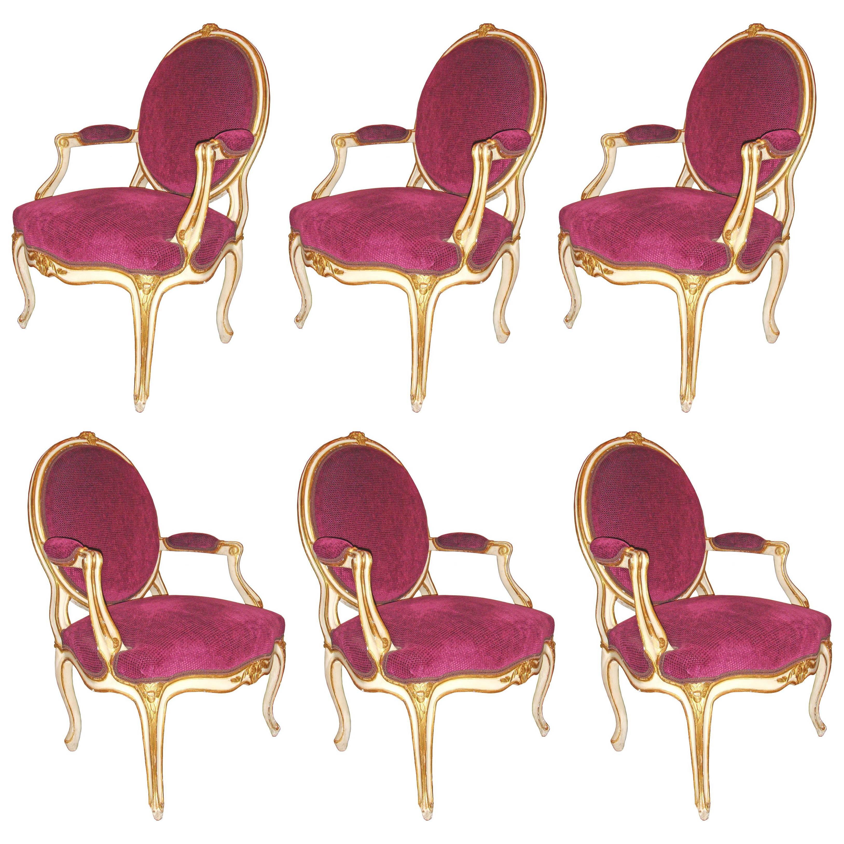 Set of six painted and gilt wood Transition style armchairs For Sale