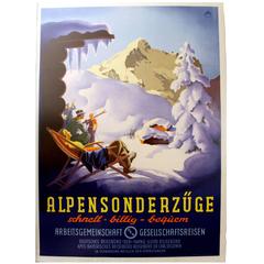 Original Vintage 1930s Ski Poster for the Alpensonderzuge Special Alps Train