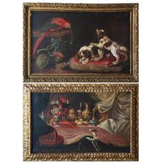 Pair Of 17th Century Still Life Paintings With Dogs In Period Carved Frames