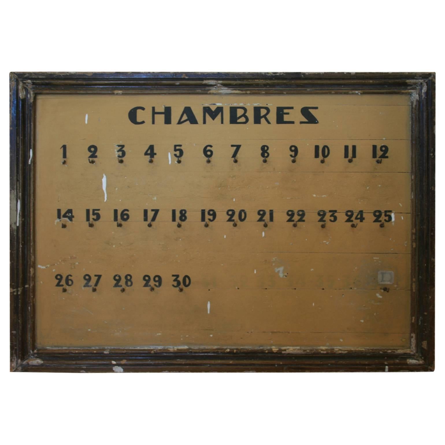 Great French Hotel Key Sign "Chambres", circa 1910 For Sale