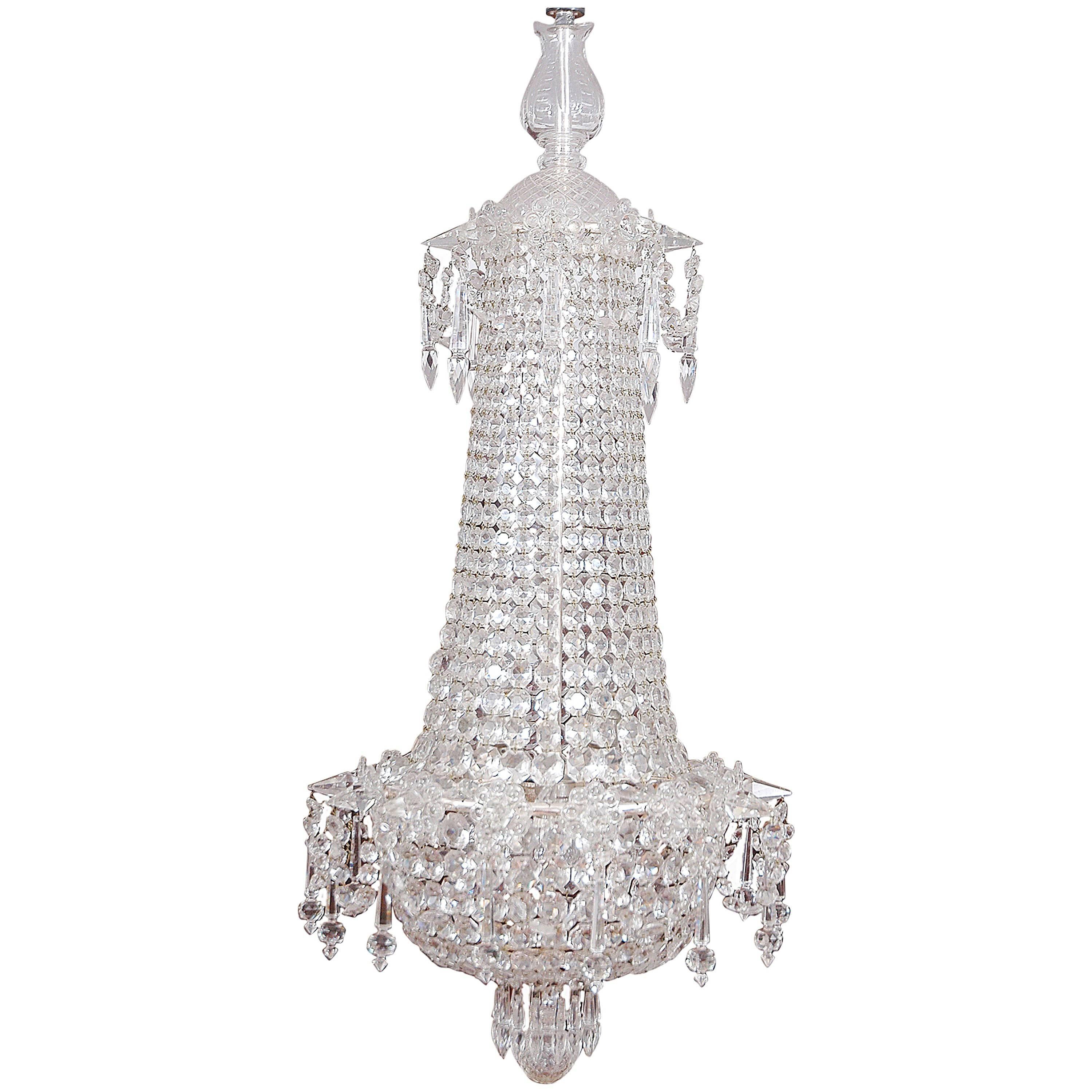 Swedish Art Deco Bag & Tent Cut-Crystal Chandelier with Chrome Frame, circa 1930 For Sale