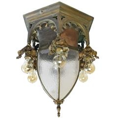 Early 20th Century Cast Bronze Gothic Pendant with Bent Glass Shade 12