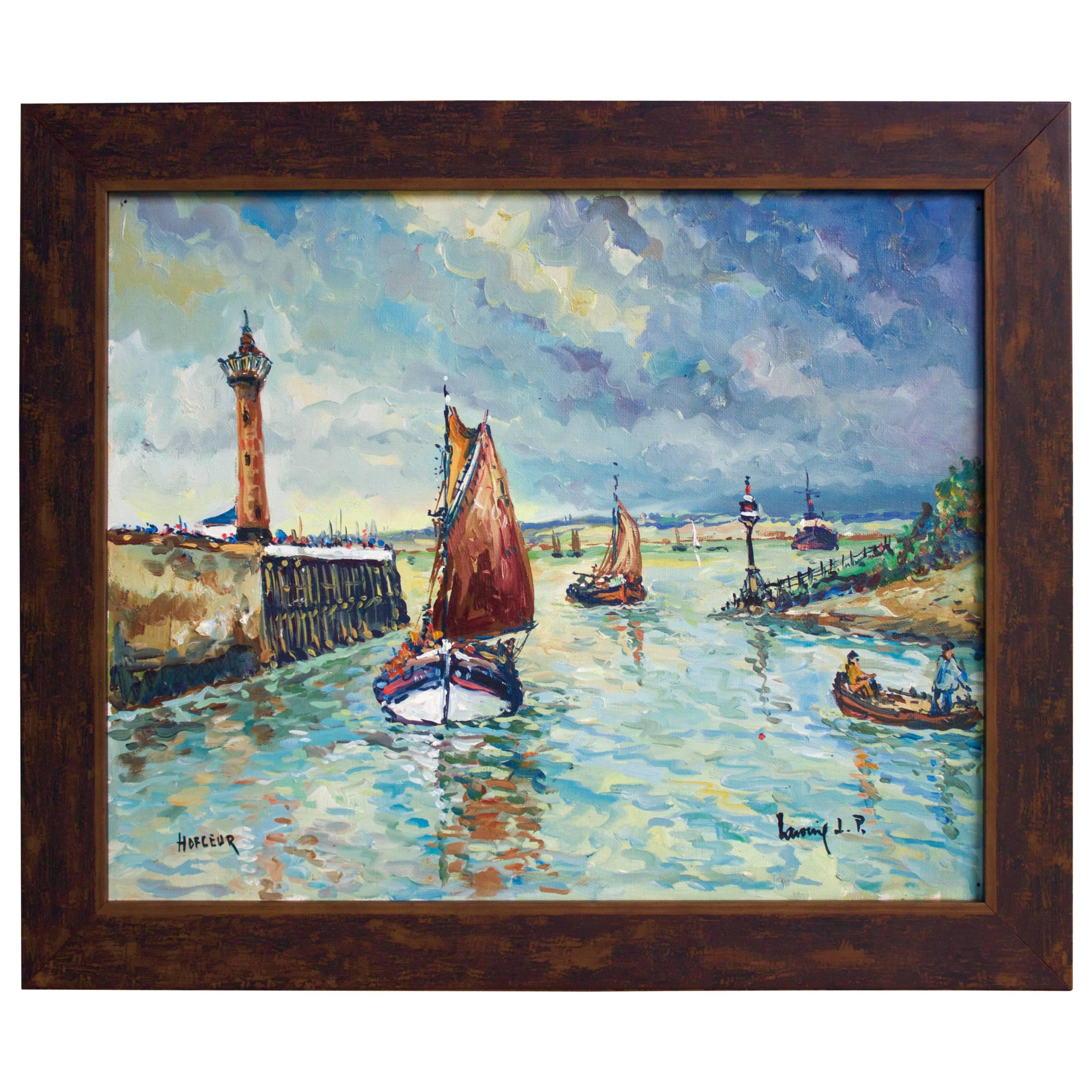 "Entree Du Port De Honfleur" Oil on Canvas by Lavoine For Sale