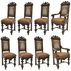 Antique Walnut Set of Six Carved Sidechairs and Matching Armchairs