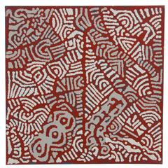 Square Red Aboriginal Australian Acrylic Painting, Abstract Aerial Map Design