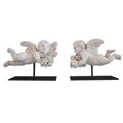 Pair of Marble Winged Putti Sculptures