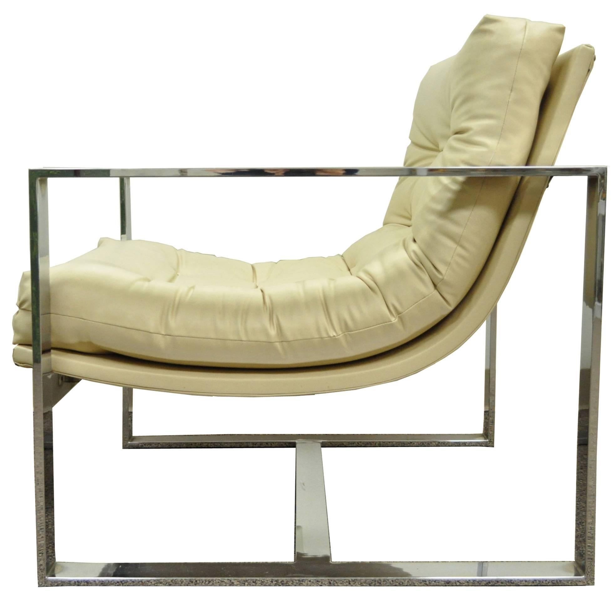 Mid Century Modern Milo Baughman Style Chrome Flat Bar Scoop Lounge Club Chair