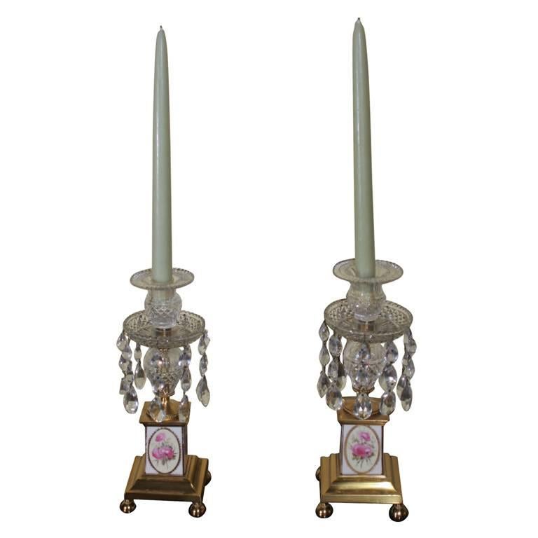 Pair of George III Brass and Cut Crystal Candlesticks. English, Circa 1810 For Sale