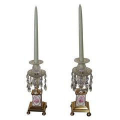 Antique Pair of George III Brass and Cut Crystal Candlesticks. English, Circa 1810