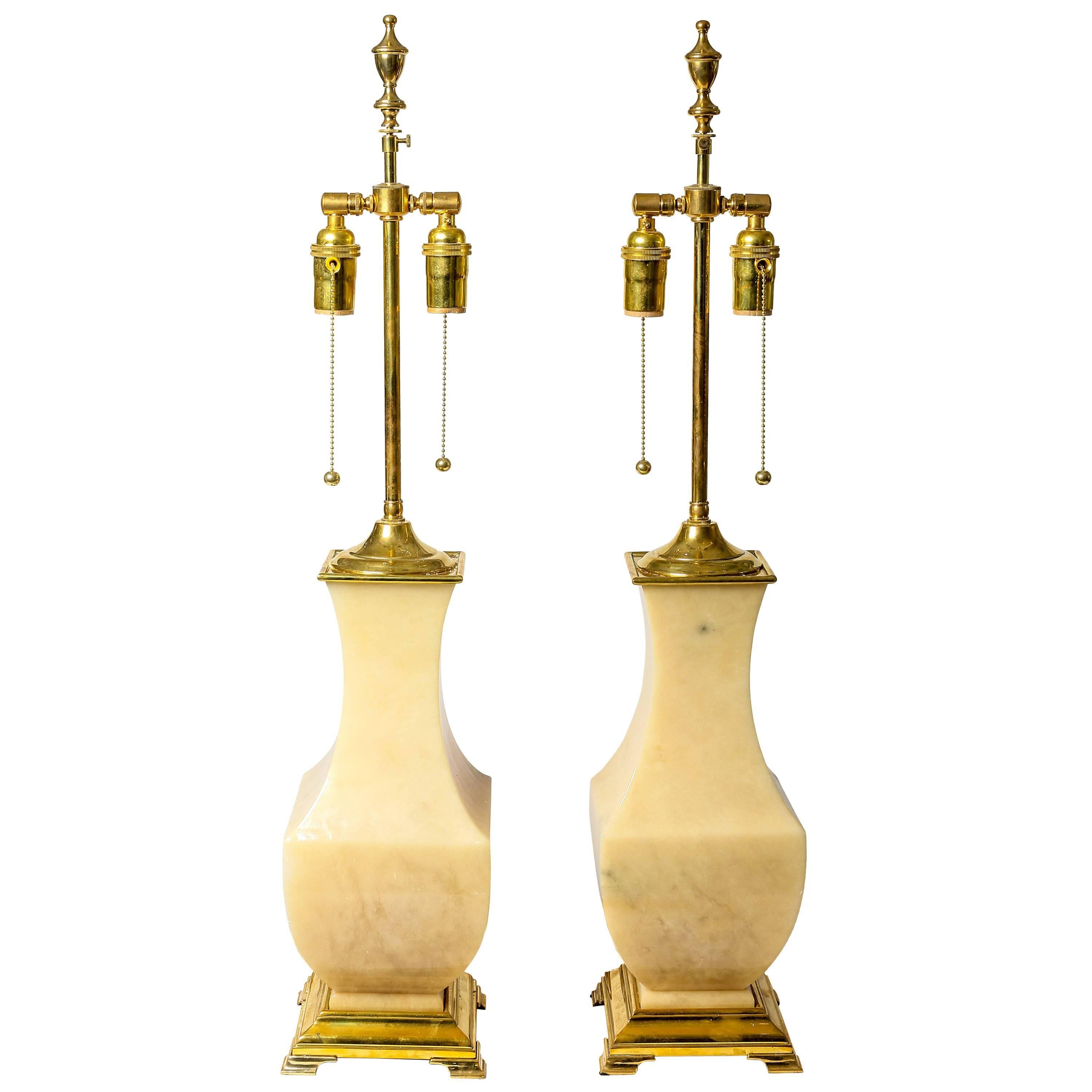 Pair of Onyx and Brass Table Lamps For Sale