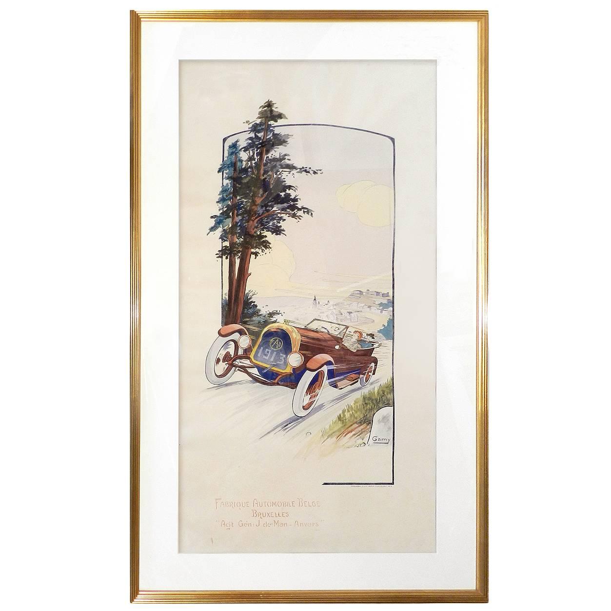 Nicely Framed French 1913 Hand-Colored Print by Gamy-Montaut