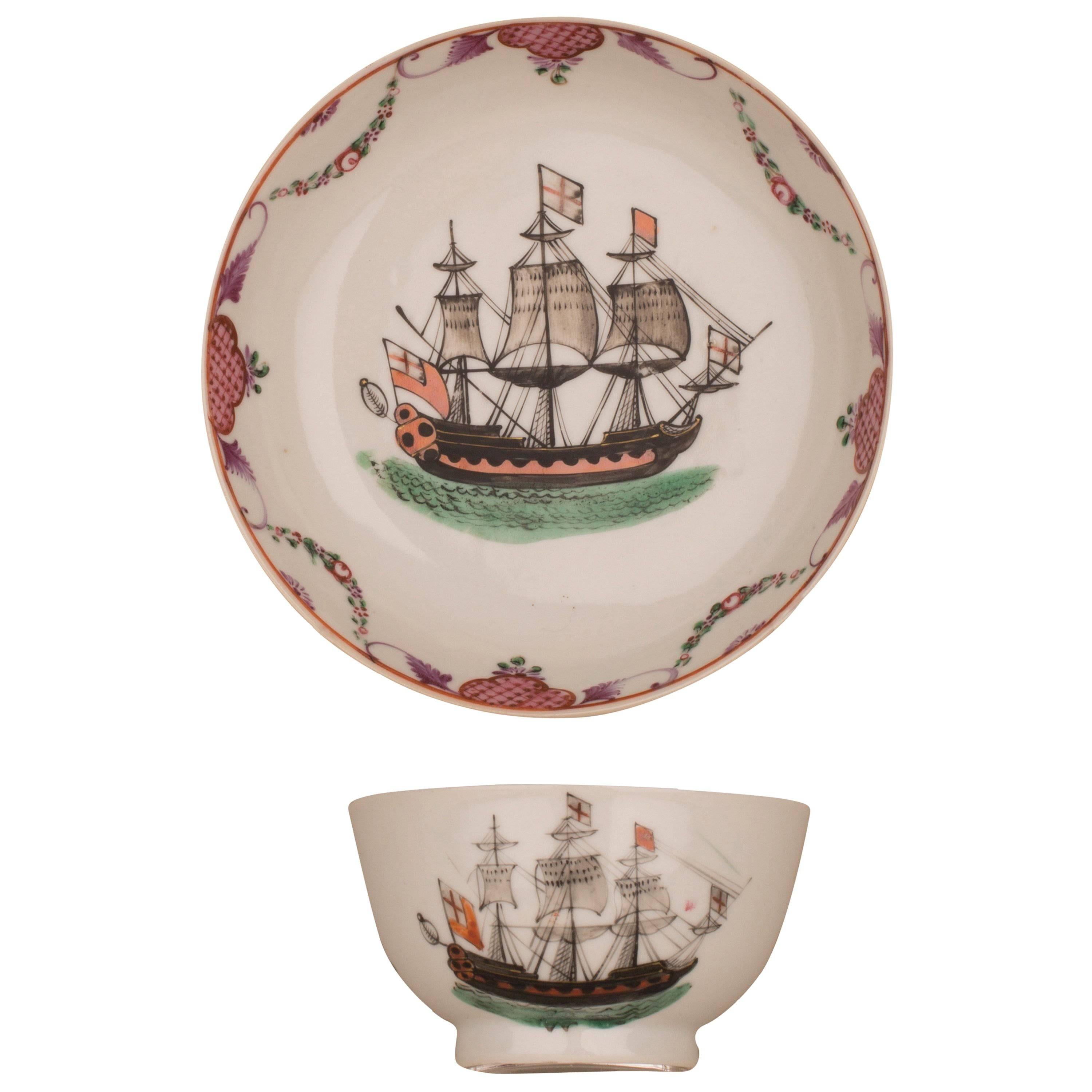 Chinese Porcelain Cup and Saucer, Ship English Flags, 18th Century For Sale