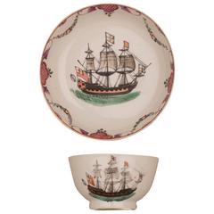 Chinese Porcelain Cup and Saucer, Ship English Flags, 18th Century