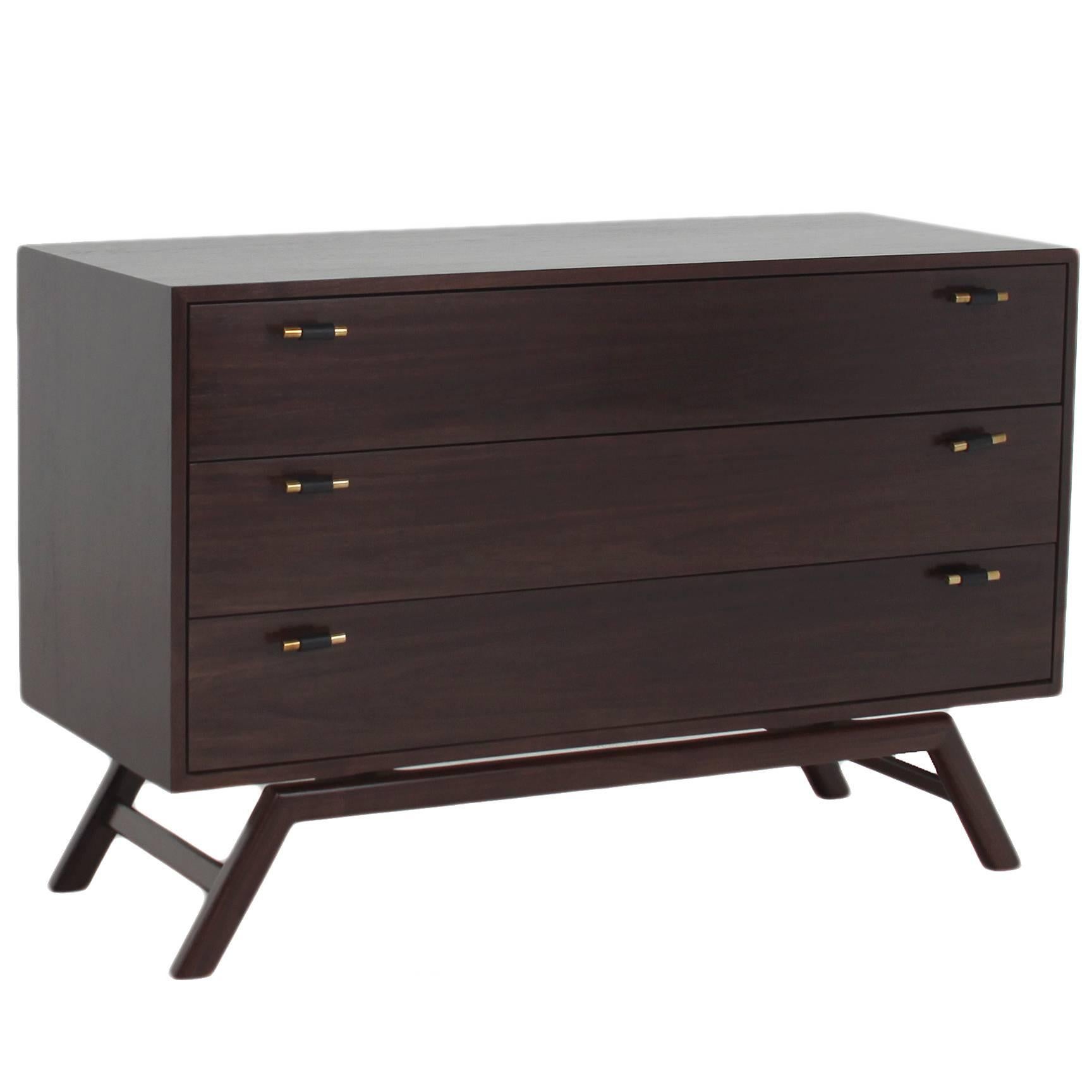 Dark Walnut Dresser with Leather Wrapped Brass Pulls by Thomas Hayes Studio For Sale