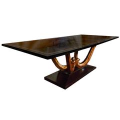 Large Ebony Wood Dining Table on Pedestal Base