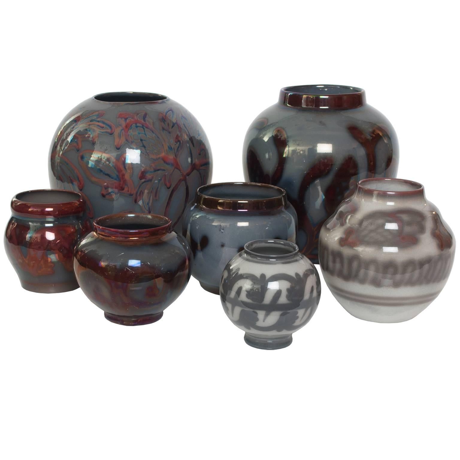Seven Art Deco Luster Glazed Ceramic Vases by Edgar Bockman for Hoganas