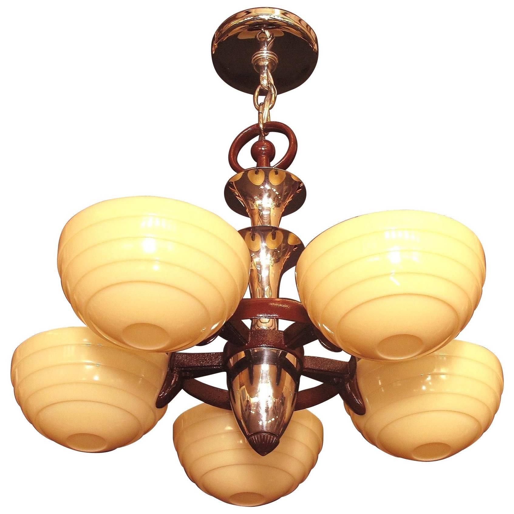 Mid Century 5 Light Cast Iron Ceiling Fixture 1930s  For Sale