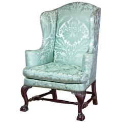 Antique Upholstered Wing Chair with Carved Knees and Claw and Ball Feet, Boston