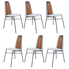 Set of Six Industrial Iron Walnut Dining Chairs