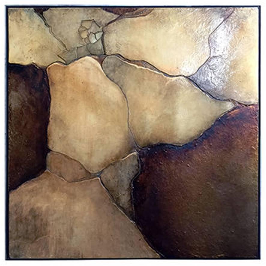 1970s Large Square Lacquered Mixed-Media Painting in Cracked Earth Tones
