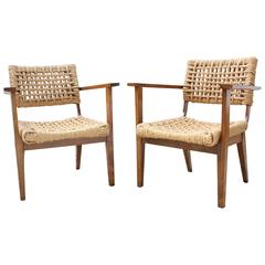 Pair of Audoux Minet Rope and "Vernis Tampon" Oak Armchairs, France, 1960s