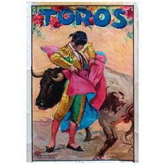 Original Antique 1920s Toros Advertising Poster, Bull and Toreador Bullfighter