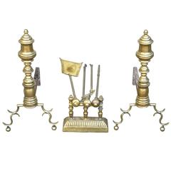 Federal Revival Brass Andirons and Tools
