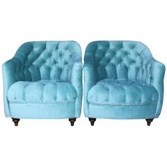 Pair of 1960s Tufted Club Chairs with Turned Legs