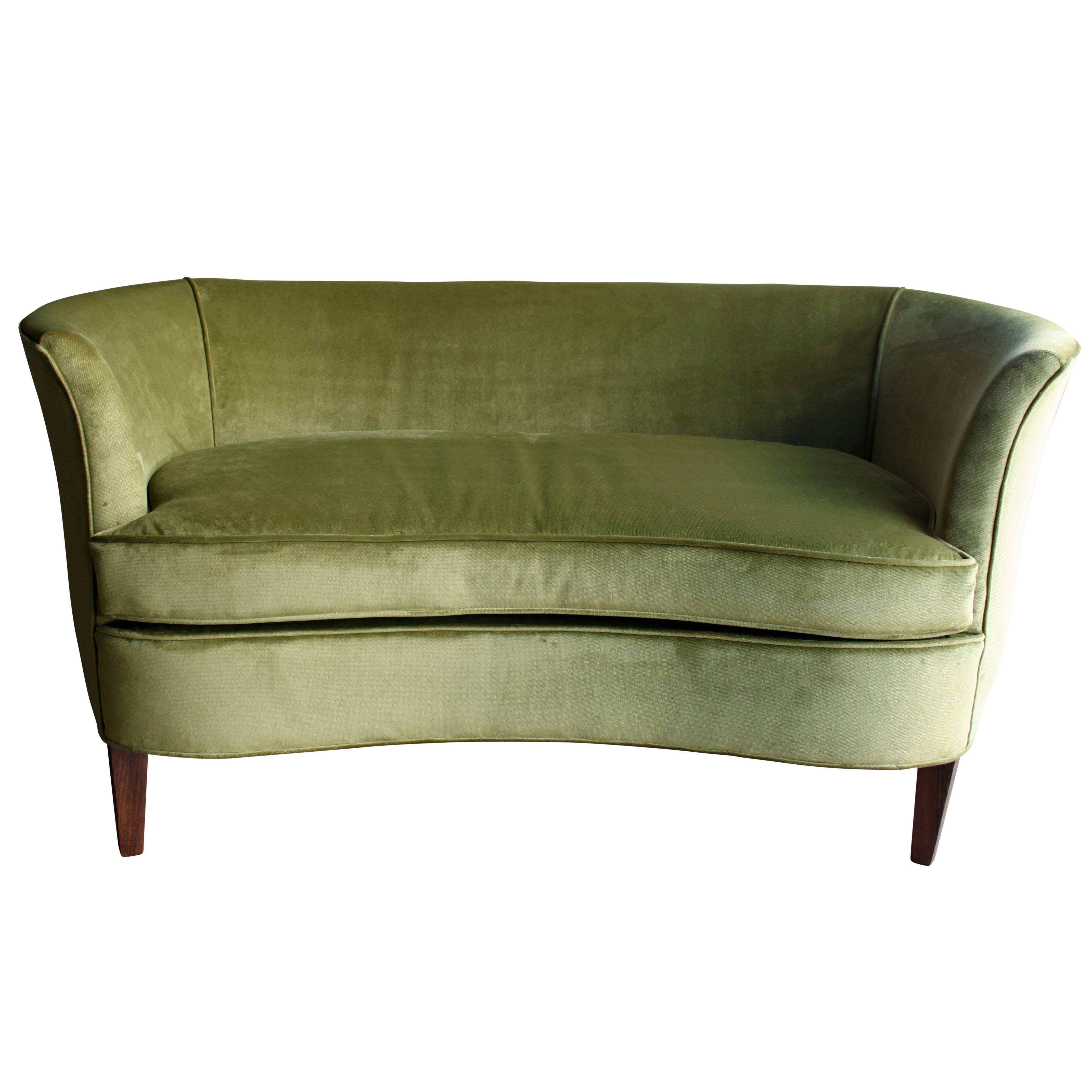 Sculptural 1960s Midcentury Green Velvet Settee