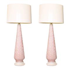 Pair Tall Pink 
White Murano Glass Lamps