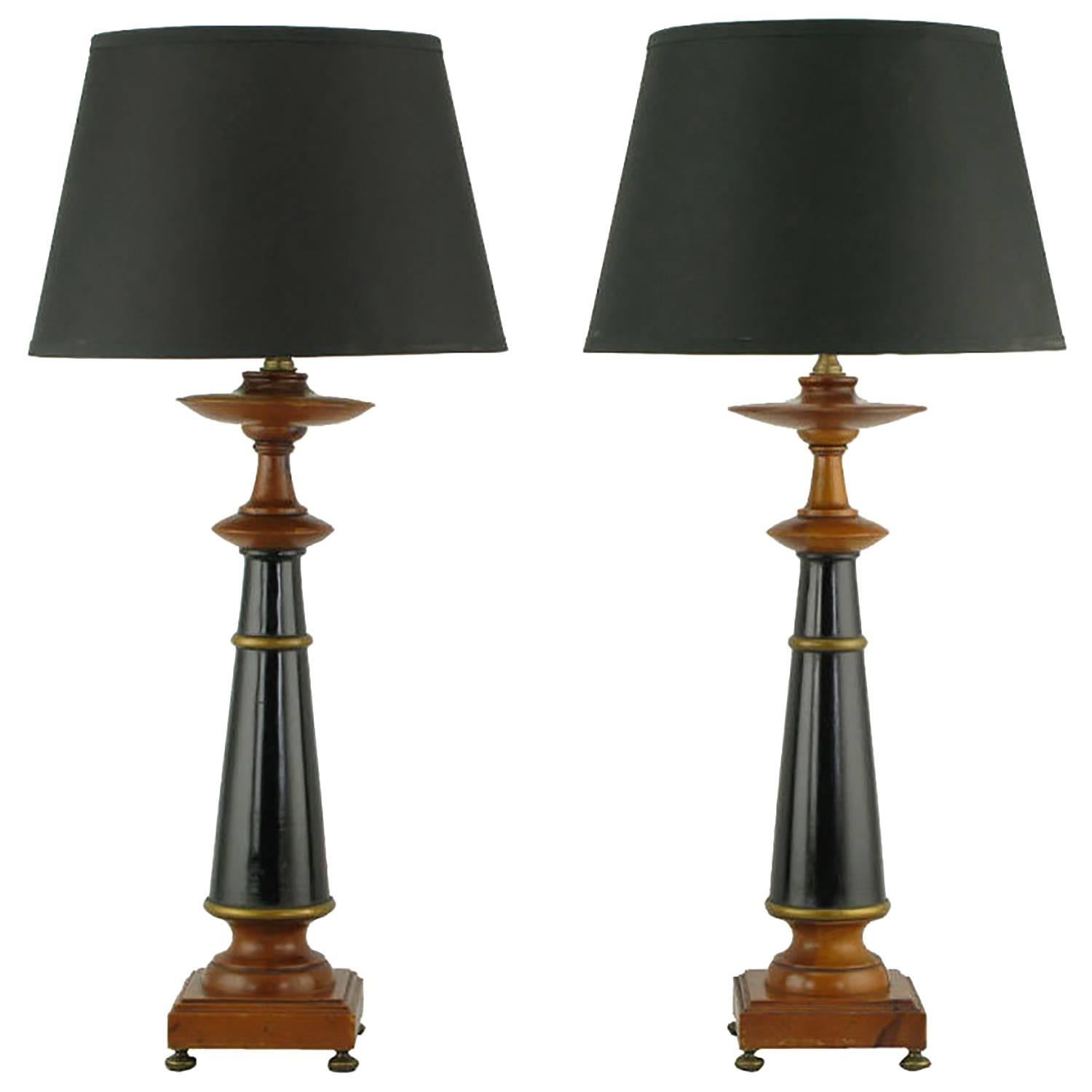 Pair Rembrandt Wood, Black Lacquer & Gilt Regency Table Lamps For Sale