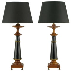 Vintage Pair Rembrandt Wood, Black Lacquer & Gilt Regency Table Lamps