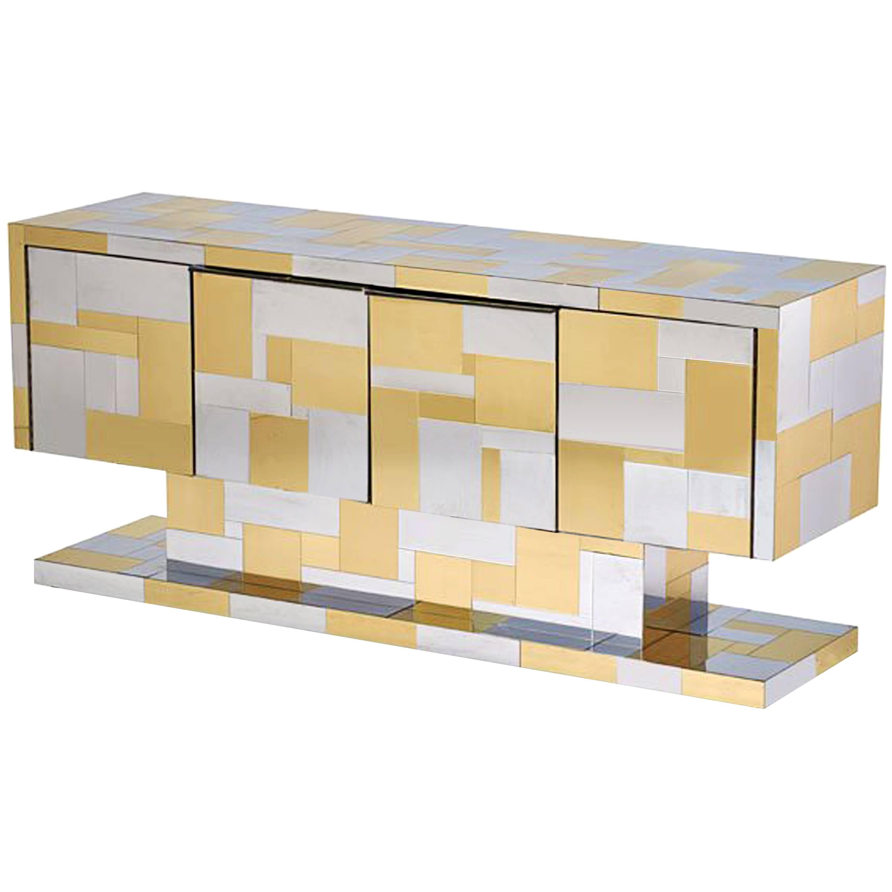 Signed Paul Evans Cityscape Chrome and Brass Credenza For Sale