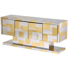 Signed Paul Evans Cityscape Chrome and Brass Credenza