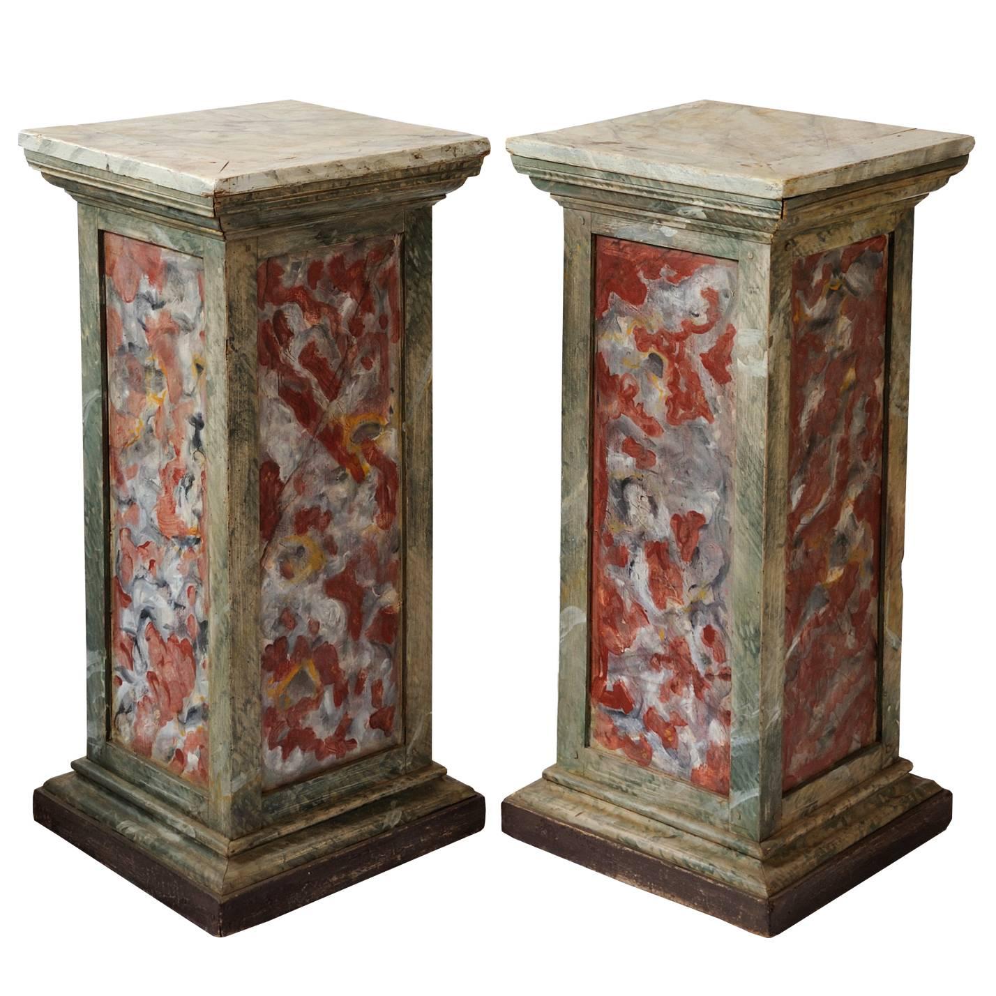 Pair of Italian Faux Painted Marble Corner Pedestals, circa 1780 For Sale