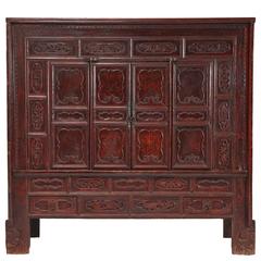 18th Century Chinese Lacquer Carved Paneled or Coffered Cabinet, Chinoiserie 4