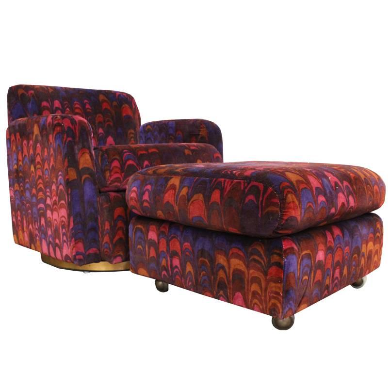 Swivel Chair and Ottoman with Jack Lenor Larsen Fabric by Milo Baughman
