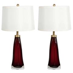 Vintage Pair of Ruby Red Glass Lamps by Orrefors