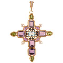 Unique Cross Pendant with Blue Topaz and Amethysts by Diego Percossi Papi