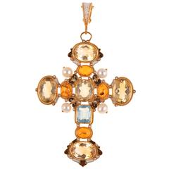 Unique Cross Pendant with Citrine, Amber and Blue Topaz by Diego Percossi Papi