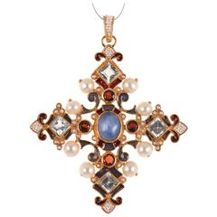 Unique Orthodox Cross Pendant with Blue Topaz by Diego Percossi Papi