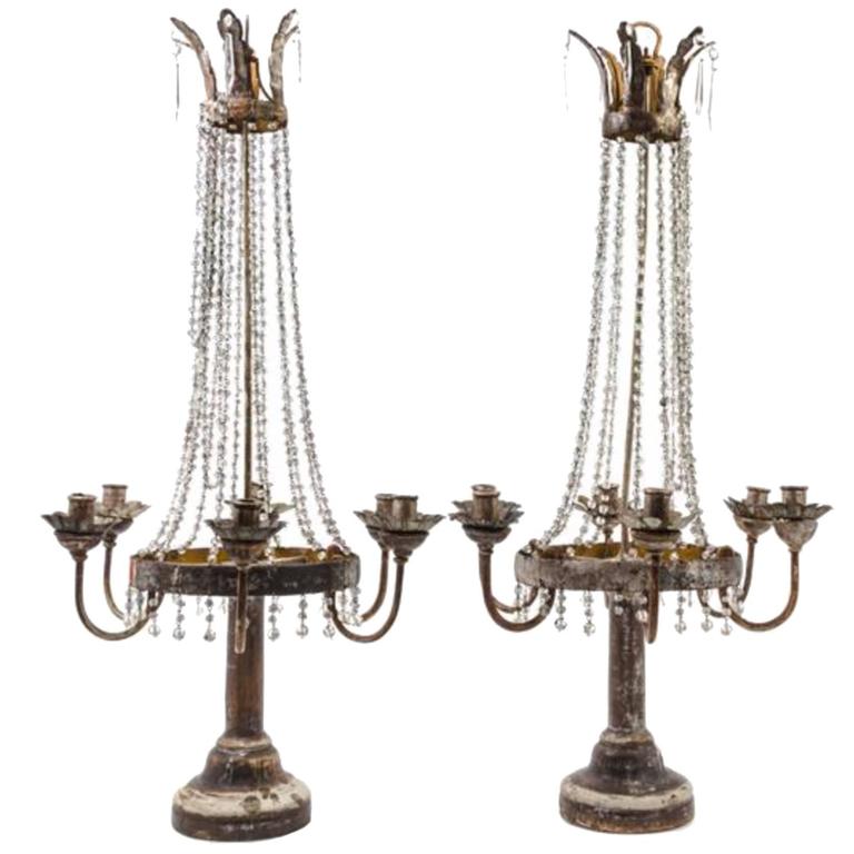 Pair of Italian Neoclassical Tole, Giltwood and Crystal Six-Light Candelabra For Sale