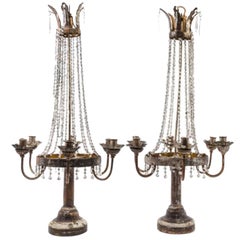 Pair of Italian Neoclassical Tole, Giltwood and Crystal Six-Light Candelabra