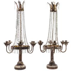 Pair of Italian Neoclassical Tole, Giltwood and Crystal Six-Light Candelabra 12
