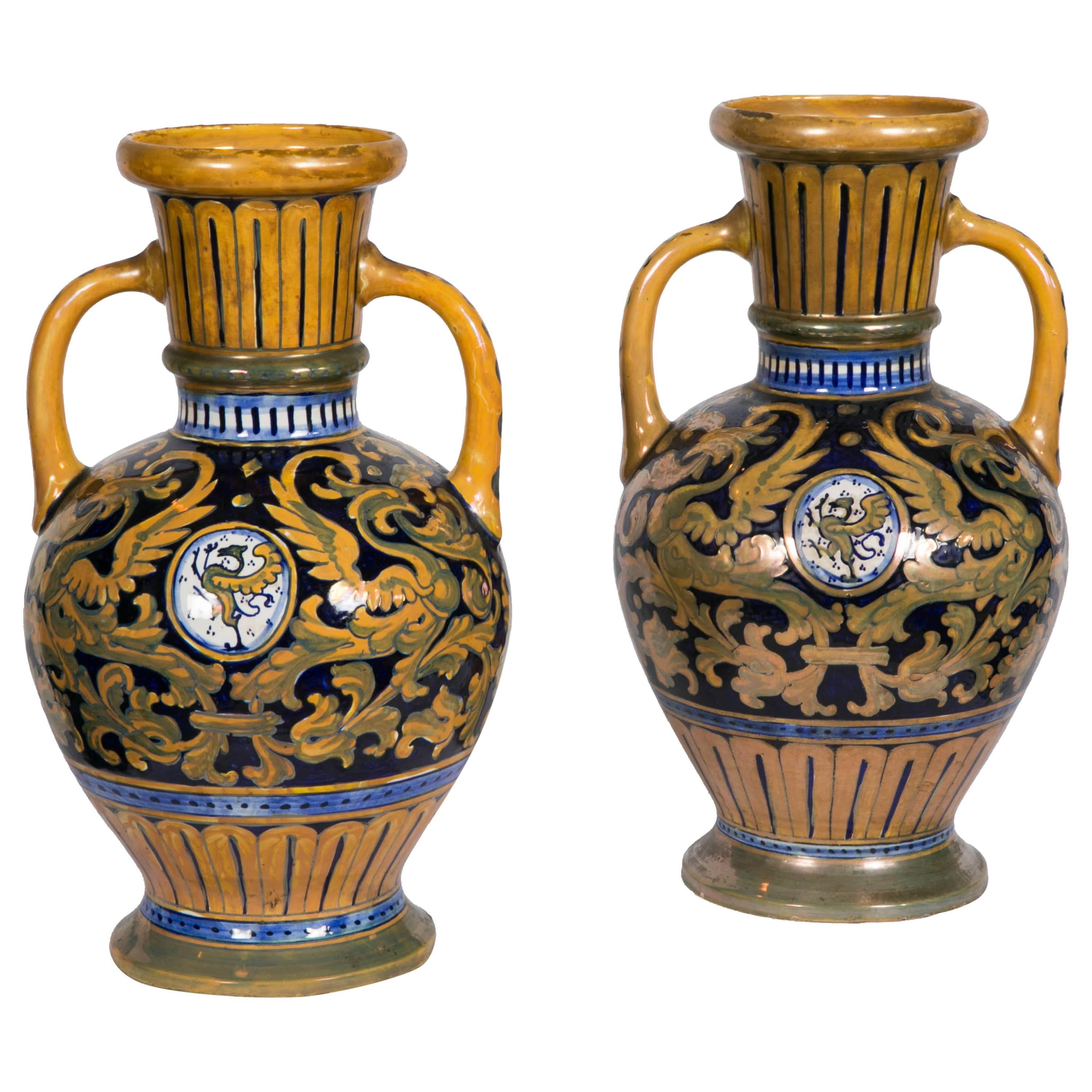 Pair of Italian Lusterware Vases in Majolica Signed SDR Società Della Robbia For Sale at 1stDibs
