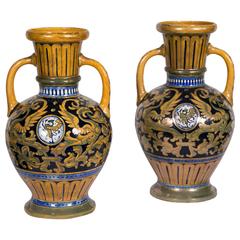 Pair of Italian Lusterware Vases in Majolica Signed SDR Società Della Robbia