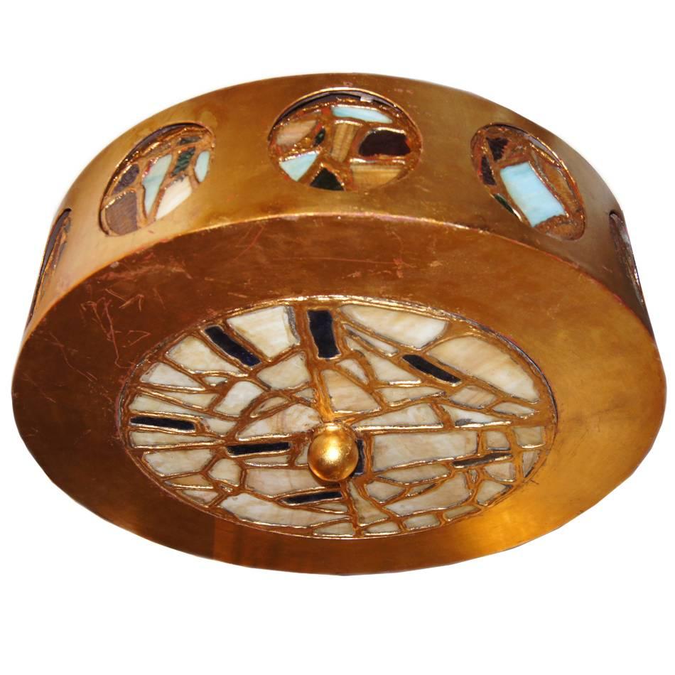 Leaded Glass Gilt Metal Light Fixture For Sale