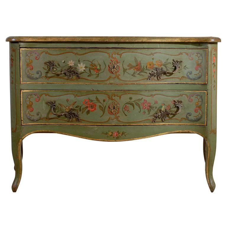 Italian Rococo Style Soft Green Painted Two-Drawer Commode with Pastoral Theme