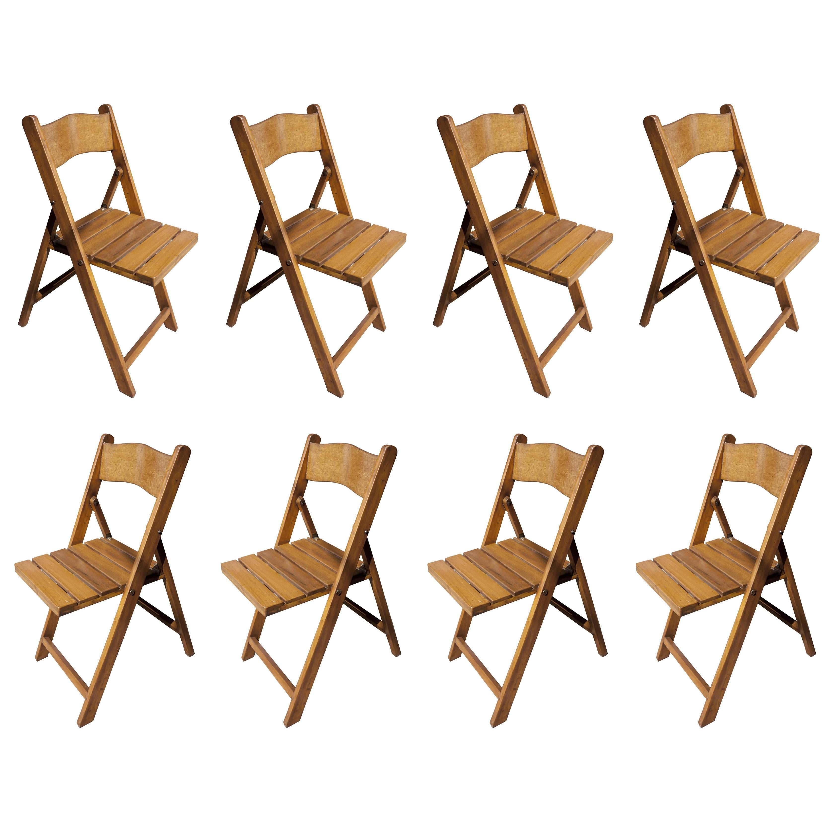Set of Eight Ship's Galley Folding Chairs, Teak, Midcentury